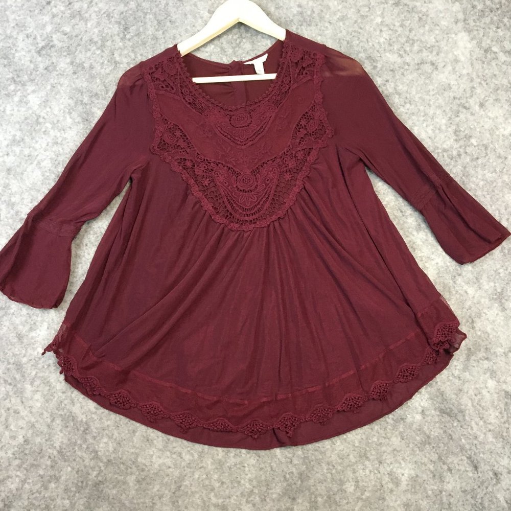 Cato Top S Blouse Maroon Chiffon Shell Boho Bell Sleeve Crochet Button Back Swin